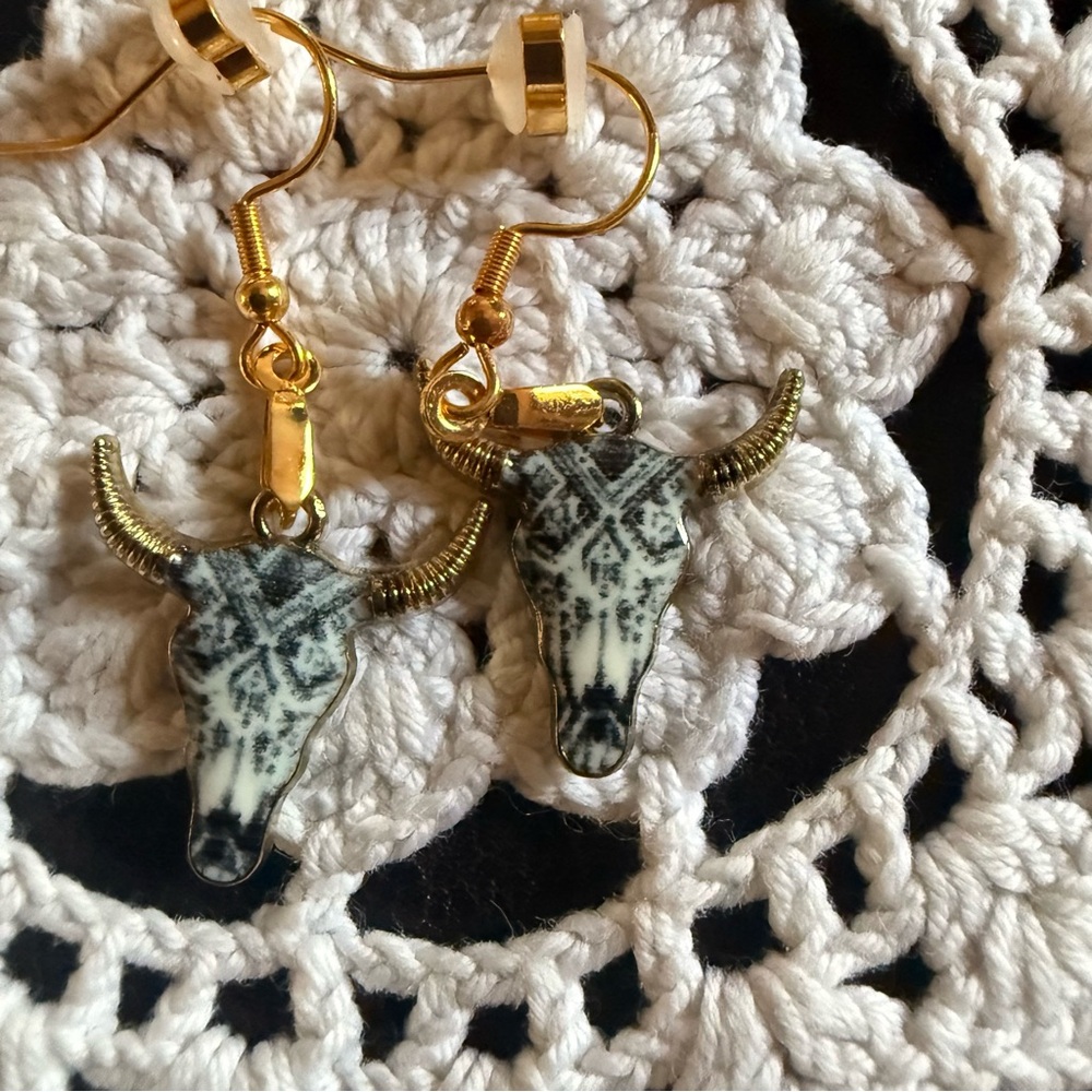 Gold-Tone Bull Skull Dangle Earrings with Black & Cream Detail